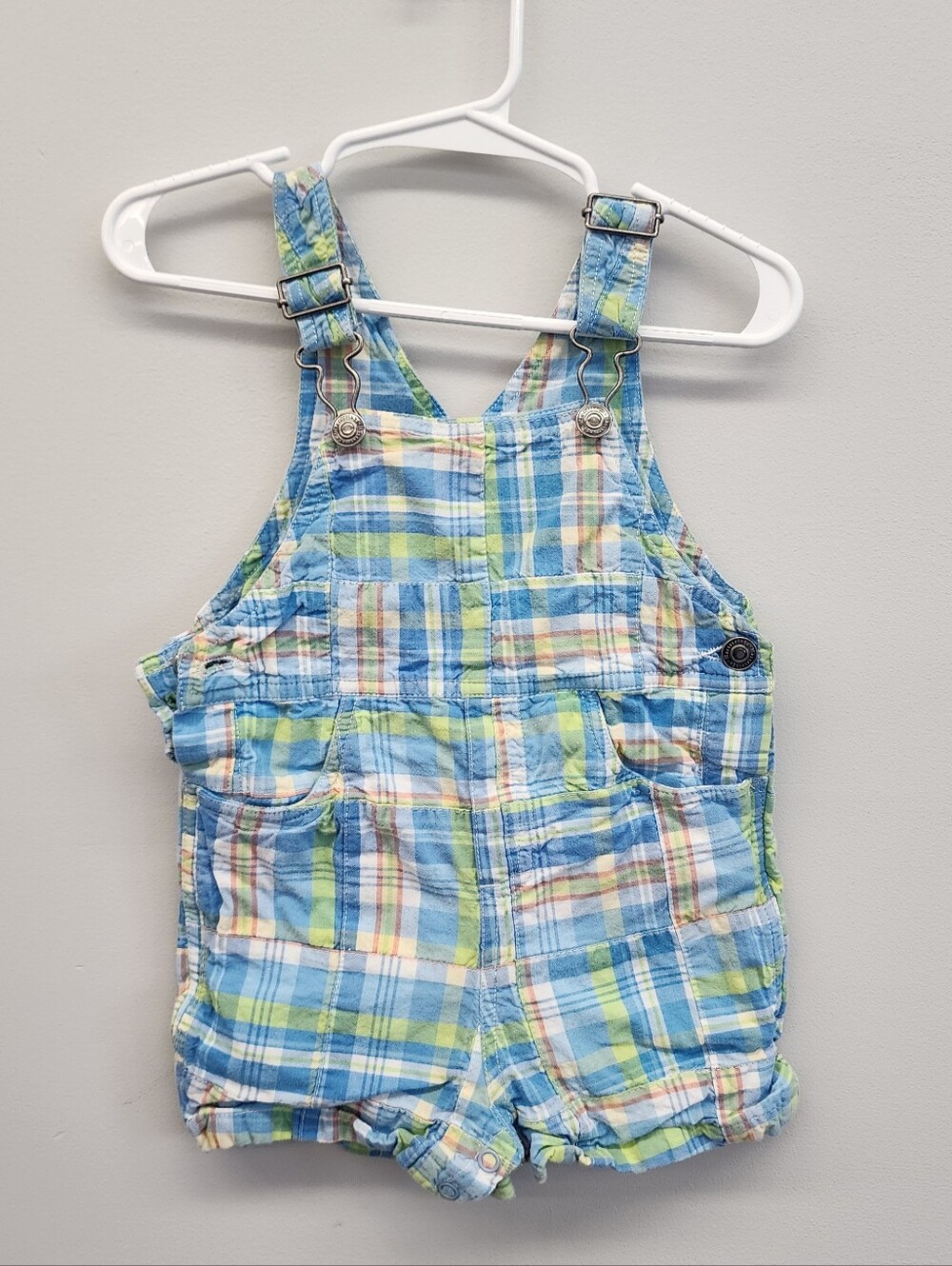 Hartstrings Baby Plaid Shortalls Overalls 12M Blue Green Vintage Style